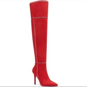 NWOT Jessica Simpson Women's Microsuede Red Studded Pointed Toe Over Knee Boots